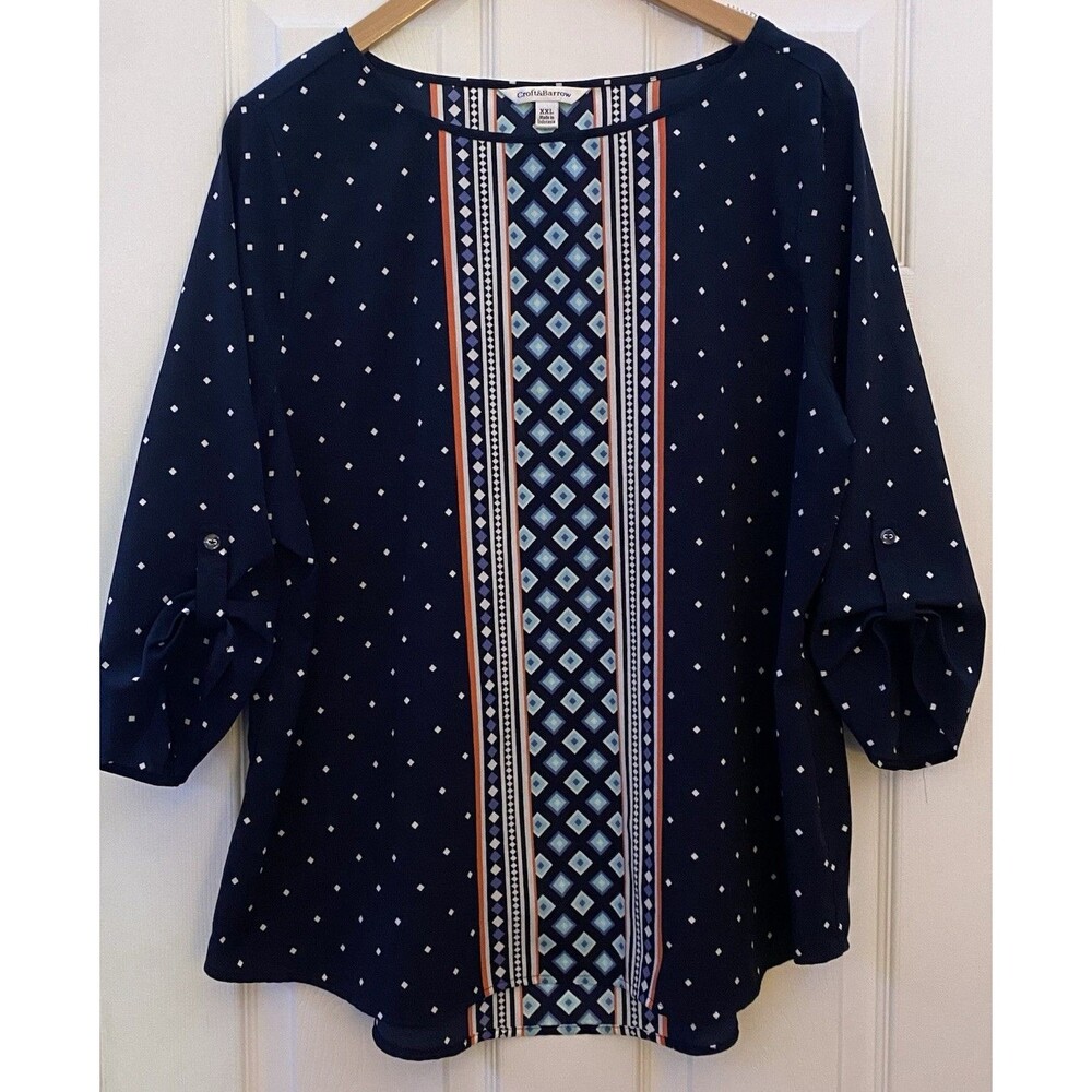 Croft & Barrow navy blue geometric pattern 3/4 roll tab sleeve Blouse size XXL